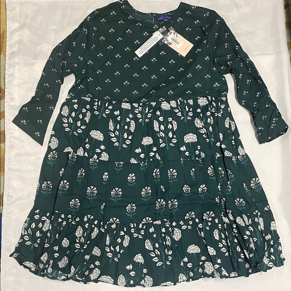 NWT Ro's Garden Emerald Renee Mini Dress Long Sleeve Tiered Cotton MEDIUM